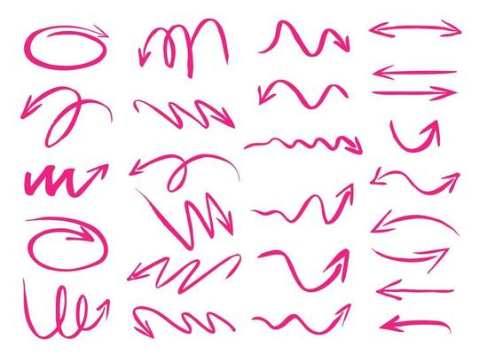 Set of pink drawing Arrows. Vector Illustration.