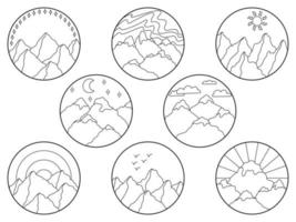 Vector illustration of mountain. Set of hand drawn outline icon in circle frame. For print, web, design, decor, logo.