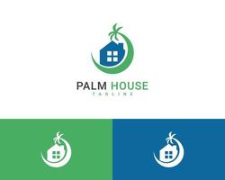 plantilla de logotipo de casa de palma, logotipo de playa, palmera y concepto de casa vector