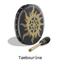 Vector image of a standing tambourine with a mallet lying next to it, isolated on a white background. In cartoon style. EPS 10