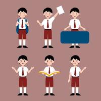 Collection of Indonesian elementary student with various poses illustration vector