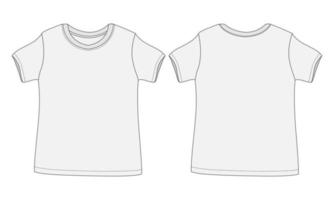 plantilla de dibujo plano de moda técnica general de camiseta básica. diseño de camiseta de manga corta plana en blanco para niños. ilustración de arte vectorial vista frontal y posterior. vector