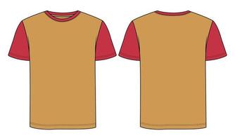 Two tone yellow, red Color Regular fit short Sleeve basic T shirt Technical Fashion Flat sketch Vector Illustration Template Front, back views. Apparel design Mock up drawing illustration.