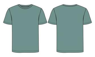 Regular fit Short sleeve T-shirt technical Sketch fashion Flat Template With Round neckline Front and back view. Clothing Art Drawing Vector illustration basic apparel design Green Color Mock up.