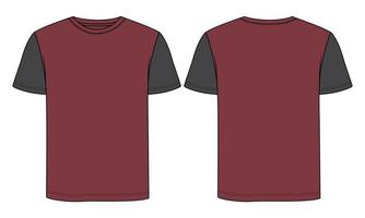 Two tone black, red Color Regular fit short Sleeve basic T shirt Technical Fashion Flat sketch Vector Illustration Template Front, back views. Apparel design Mock up drawing illustration.