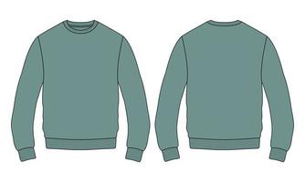 Round neck Long sleeve Sweatshirt fashion Flat Sketches technical drawing vector Illustration template For men's. Apparel dress design Green Color mockup.  Sweater fashion design isolated on white