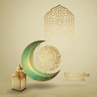 lujoso diseño islámico eid al adha mubarak con luna creciente, linterna y caligrafía árabe, vector de tarjeta de felicitación ornamentada islámica de plantilla
