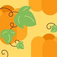 calabaza naranja y fondo de hojas verdes. feliz concepto de halloween. estilo de vector de dibujos animados para su diseño