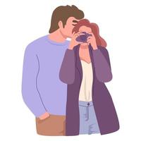 pareja romántica haciendo selfie con cámara. hombre y mujer compartiendo un momento de amor y unión. vector