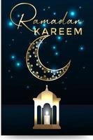 Ramadan Mubarak luxury Islamic background with decorative ornament golden lantern and star Ramadan Background With Golden Lantern And Mosque. vector