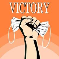 Hands clutching masks signify victory against the virus. vector