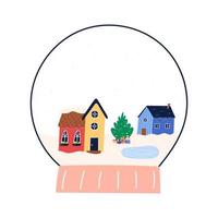 Hand drawn snow globe with winter town, flat vector illustration isolated on white background. Cute village with houses, trees and frozen lake.
