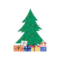 Christmas tree with light garland and pile of gift boxes, flat vector illustration isolated on white background. Decorated tree for winter holidays celebration.