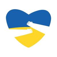 Heart with Ukrainian flag and hugging hands, flat vector illustration isolated on white background. Concepts of humanitarian support during war and peace. Russia and Ukraine war.