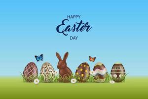 easter background with chocolate eggs and rabbit vector