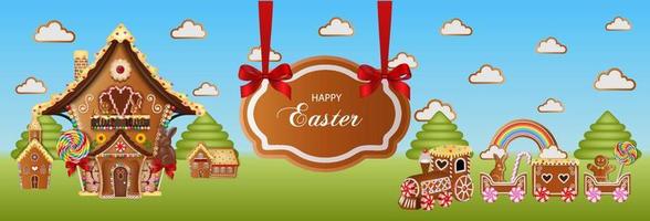 Easter banner with gingerbread cookies. gingerbread landscape with train and houses vector