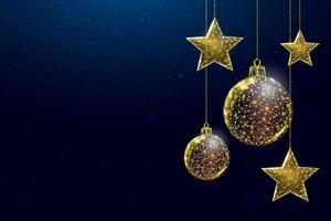 Wireframe gold stars and balls, low poly style. Banner for the concept of Christmas or New Year with a place for an inscription. Abstract modern 3d vector illustration on blue background.