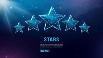 Wireframe five stars, low poly style. Success, winner, rating concept. Abstract modern 3d vector illustration on dark blue background.