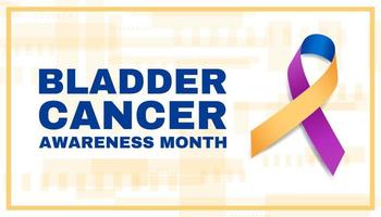 Bladder cancer awareness month concept. Banner with text and blue, yellow, and purple ribbon.  Vector illustration.