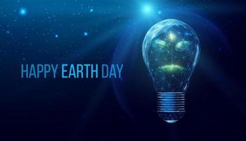 Happy Earth Day concept. Wireframe polygonal plant in lightbulb with planet. Futuristic modern abstract background. Vector illustration