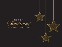 Merry Christmas and Happy new year low poly greeting card. Polygonal wireframe mesh illustration with hanging Christmas stars. Abstract vector illustration on dark background.