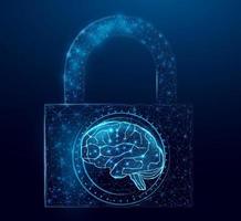 Human brain in padlock. Cyber mind concept with glowing low poly brain in lock on dark blue background. Wireframe low poly design. Abstract futuristic vector illustration.