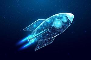 Wireframe polygonal rocket. Internet technology network, business startup concept with glowing low poly rocket. Futuristic modern abstract. Isolated on dark blue background. Vector illustration.