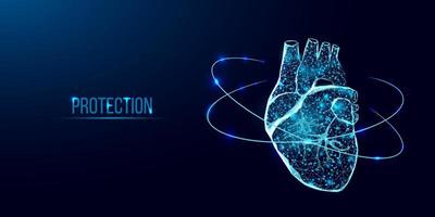 protección del corazón humano. estilo polivinílico bajo de la estructura alámbrica. concepto de ciencia médica, enfermedad cardiológica. ilustración vectorial 3d moderna abstracta sobre fondo azul oscuro. vector