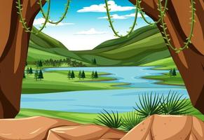 Scene with river and green hills vector