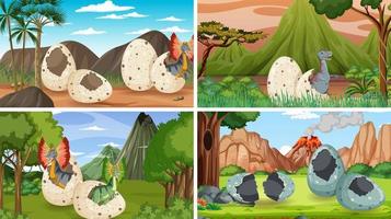 cuatro escenas con huevos de dinosaurio en el bosque vector