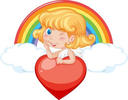 Angel girl with red heart and rainbow