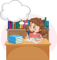 A kid doing homework with speech bubble in the library vector