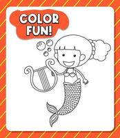 Worksheets template with color fun text and mermaid outline vector