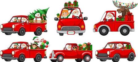 conjunto de diferentes autos navideños y personajes de santa claus vector