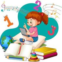 A girl reading books on a stack of books vector