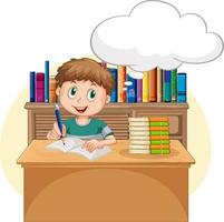 A kid doing homework with speech bubble in the library vector