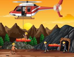 escena de la cueva con rescate de bomberos en estilo de dibujos animados vector
