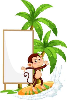 Blank wooden signboard with monkey catoon