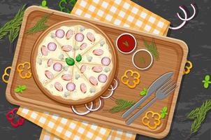 Top view of cheese pizza on a wooden tray vector