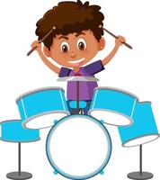 A little boy playing drums on white background vector