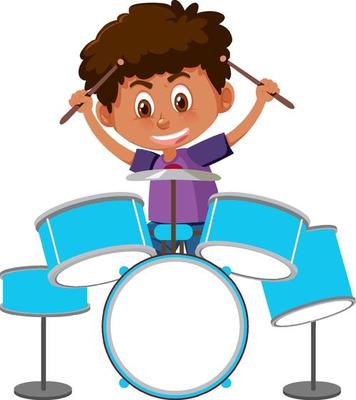 A little boy playing drums on white background