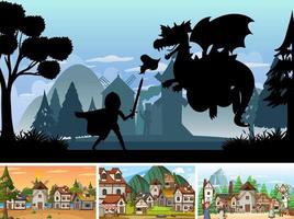 Set of different scene medieval with silhouette vector