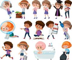 Set of children doing different activities on white background vector