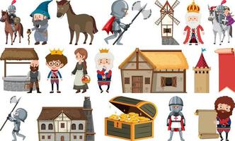 Medieval characters buildings set vector