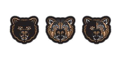 Set of colored face of a bear. Polynesia style. Good for t-shirts and prints. Isolated. illustration. vector