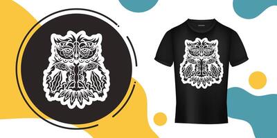 Owl print from patterns. Exotic bird in boho style. Good for T-shirts, postcards and prints. Vector illustration.