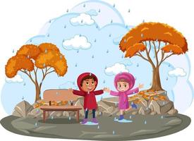 Isolated outdoor park with children playing raining vector