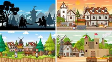 Set of different scene medieval with silhouette vector