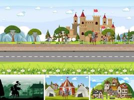 Set of different scene medieval with silhouette vector