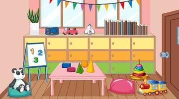 interior vacío del aula de jardín de infantes con muchos juguetes para niños